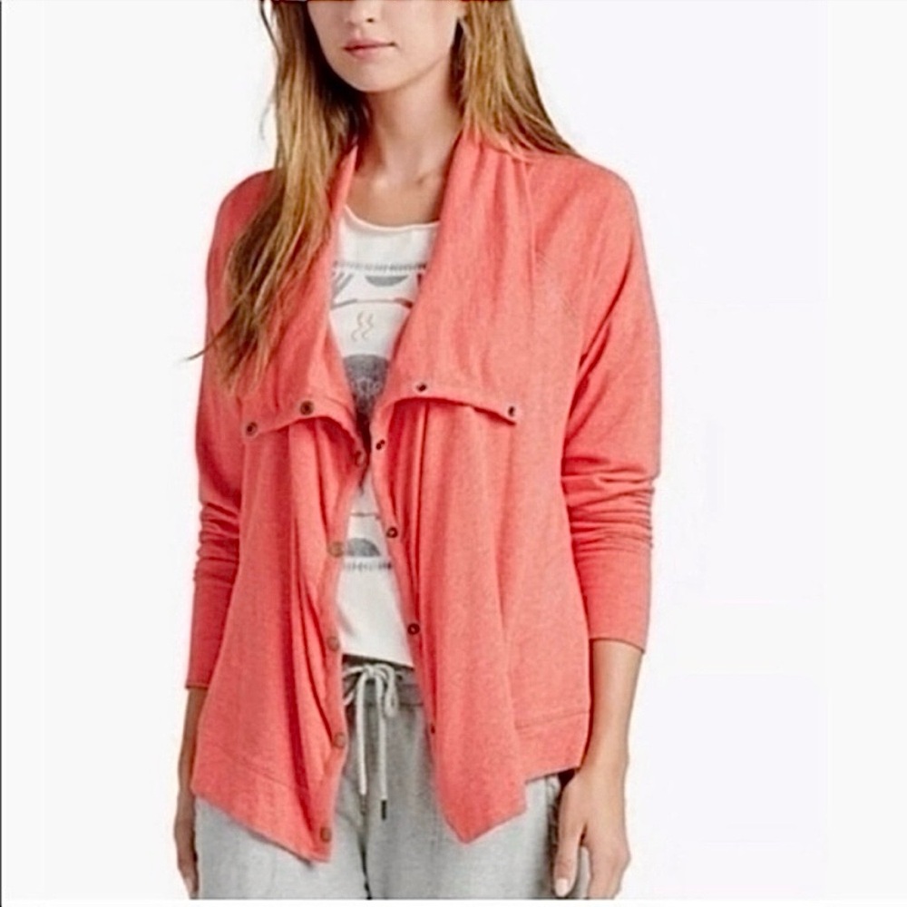 Lucky Lotus Knit Jacket Heathered Coral Draped Front L Relaxed Casual